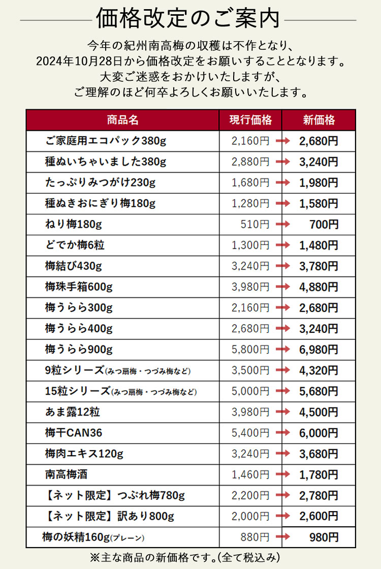 価格改定のご案内